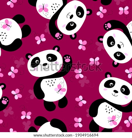 Seamless pattern with cute panda baby, butteerfly on color background. Funny asian animals. Card, postcards for kids. Flat vector illustration for fabric, textile, wallpaper, poster, wrapping paper.
