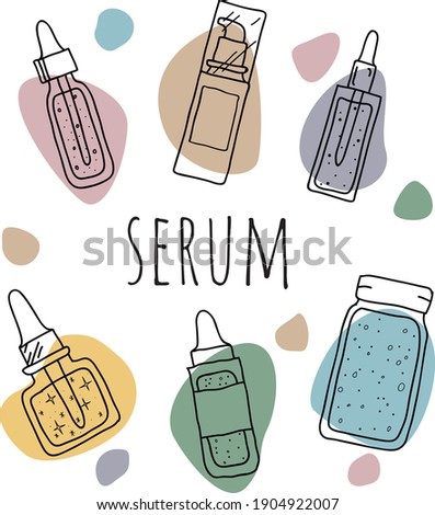 Illustration set of serum. Hand drawn colorful images of treatment whey.  Daily skin care product. Beauty daily skin care routine. 