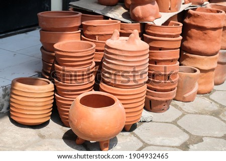 Pottery dried in the sun. On display by the roadside in a potter's village, Kasongan, Yogyakarta,Indonesia.