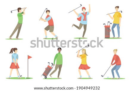 Golf players set. Cartoon people with brassies playing golf on lawn, having fun, enjoying activity. Vector illustration for golf club, hobby, sport, active lifestyle concept Royalty-Free Stock Photo #1904949232