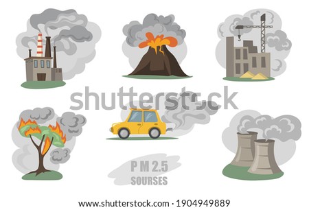 Toxic smokes set. Fumes from factory pipes, volcano, car in city, outdoor fog from wild fires isolated on white. Vector illustration for air pollution, city dust danger concept