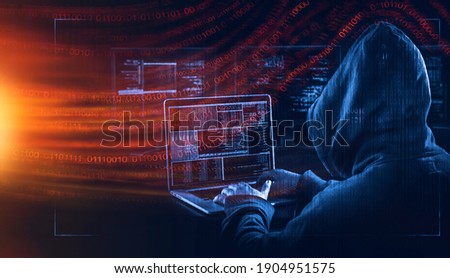 hooded hacker solar winds hack concept  Royalty-Free Stock Photo #1904951575