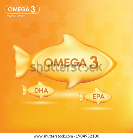Fish oil drop gold, vitamin D and omega 3 in Fish shape supplemental, benefits of pills improving mental, heart, eyes, bones health, lower cholesterol level. 3d vector Royalty-Free Stock Photo #1904952100