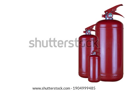A set of powder fire extinguishers of different volumes with a pressure gauge on a white background.