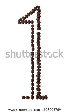 Number 1 made from roasted coffee seeds isolated on white background with clipping path from the top view can use for your messages. Selective focus.