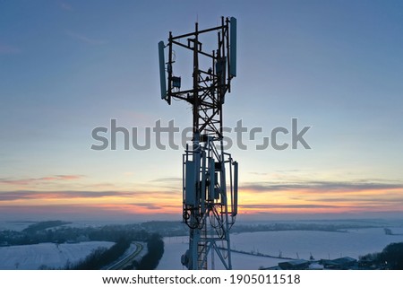 Telecommunication tower of 4G and 5G cellular. Base Station or Base Transceiver Station. Wireless Communication Antenna Transmitter. Telecommunication tower with antennas against blue sky. Royalty-Free Stock Photo #1905011518