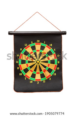 Colorful dartboard with magnetic darts isolated on a white background. Kids magnetic dart board game on white background.