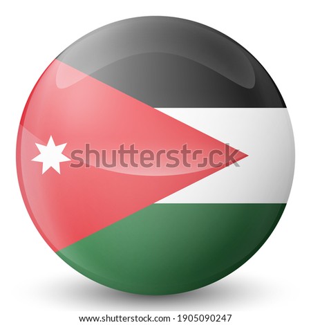 Glass light ball with flag of Jordan. Round sphere, template icon. Тational symbol. Glossy realistic ball, 3D abstract vector illustration highlighted on a white background. Big bubble.