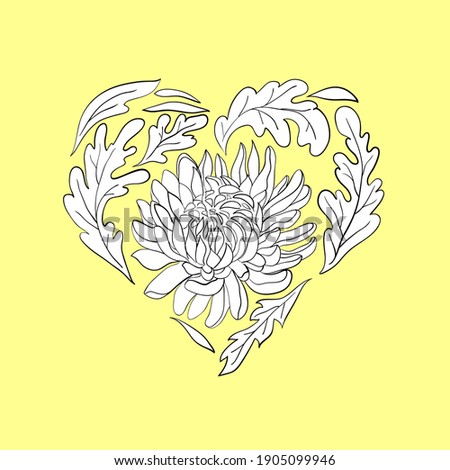 Black and white composition of flowers in the shape of a heart, flowers and leaves of chrysanthemum on a yellow background. Template for valentine's, greeting card, invitation, any other design.