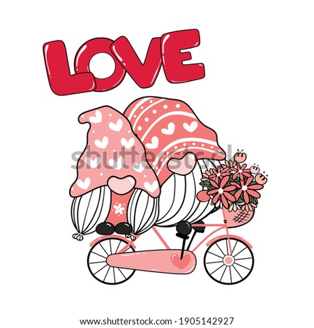 Two Valentine Romantic Gnome couple on pink bicycle LOVE clip art, Happy Love cartoon vector