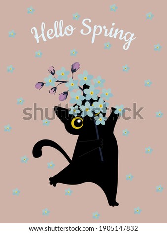 Spring postcard Hello Spring. Black funny cat with a bouquet of blue forget-me-not flowers for printing on T-shirts, pillows. Vector graphics.