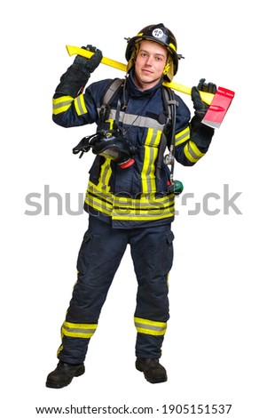 Full body young brave man in uniform and hardhat of firefighter holds axe and looking at camera with smile isolated on white background. Clipping path