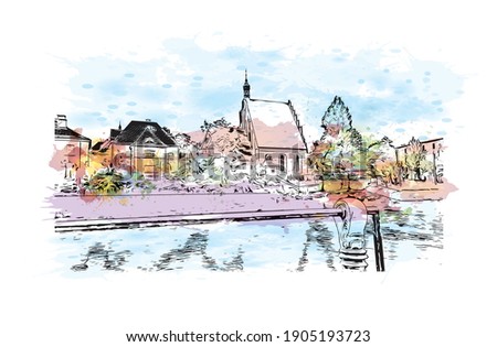 Building view with landmark of Bydgoszcz is a city in northern Poland. Watercolor splash with hand drawn sketch illustration in vector.