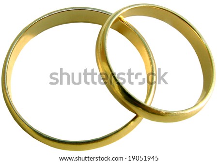 Two isolated wedding gold rings on white background