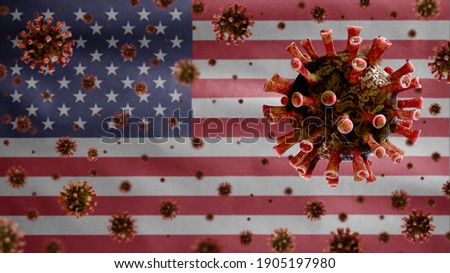 American flag waving with the Coronavirus outbreak infecting respiratory system as dangerous flu. Influenza type Covid 19 virus with national USA banner blowing at background. Pandemic risk concept