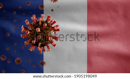 Flu coronavirus floating over French flag, a pathogen that attacks the respiratory tract. France banner waving with pandemic of Covid19 virus infection concept. Close up of real fabric texture ensign