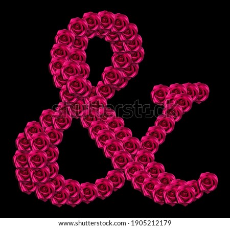 romantic concept image of ampersand symbol made of red roses. Isolated on black background. Design element for love or valentines themes