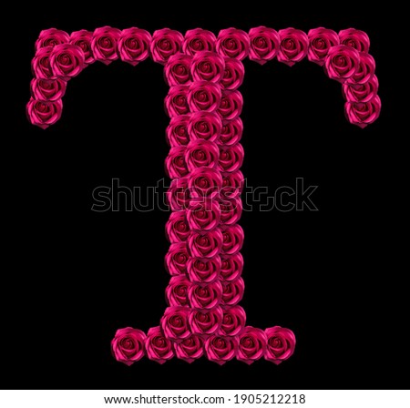 romantic concept image of a capital letter T made of red roses. Isolated on black background. Design element for love or valentines themes