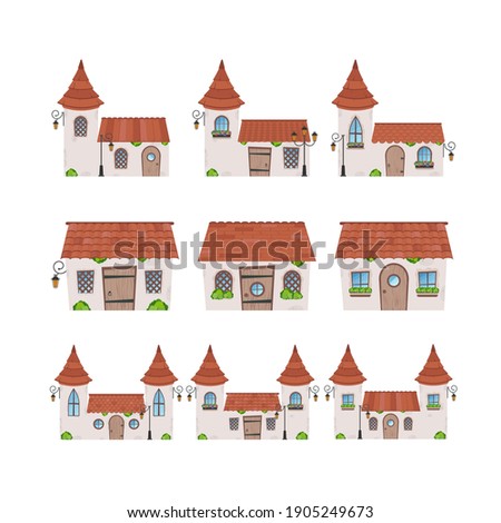 Big set of fairy houses. Stone building with windows, door and roof. Cartoon style. For the design of games, postcards and books. Isolated on white background. Vector illustration.