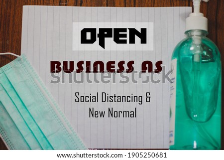 “OPEN BUSINESS AS SOCIAL DISTANCING  NEW NORMAL” on front door. Reopening for business adap to new normal in the COVID-19 pandemic. Office or restaurat Opening,Hand-washing alcohol