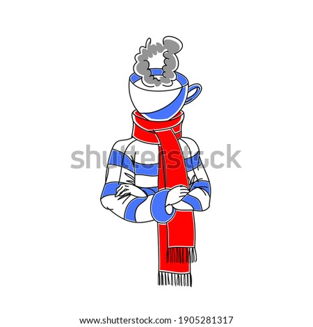 Girl with a mug of hot tea for a head. Cold Season. Vector portrait illustration, isolated on white background.