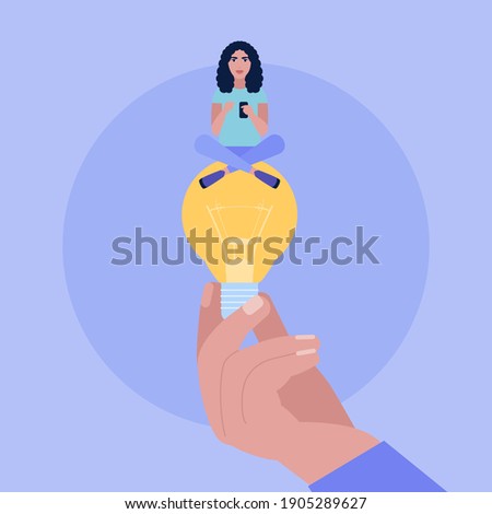 Hand holding a big light bulb with a young woman. Idea brainstorming concept. Vector illustration in a flat style.