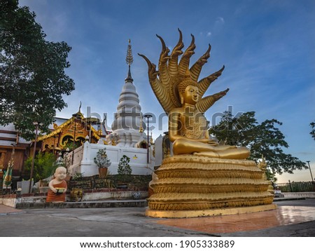 Buddha image with a naga and a pagoda of Buddha's relics at Wat Phra That Doi Leng in Phrae Province, Northern of Thailand. Buddha with Naga Statue called "Nak Prok" is a format of Buddha image. Royalty-Free Stock Photo #1905333889