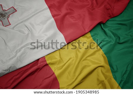 waving colorful flag of guinea and national flag of malta. macro