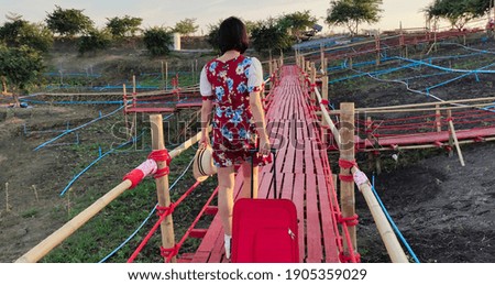 Young woman walking enjoy life on red wooden bridge of travel the view nature.