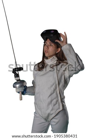 Girl fencer in virtual reality glasses. VR isolated concept photo Royalty-Free Stock Photo #1905380431