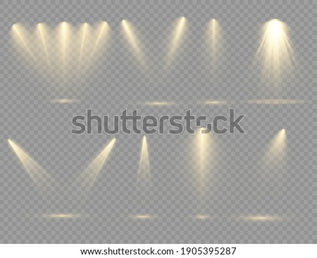 The yellow spotlight shines on the stage. light exclusive use lens flash light effect. abstract light from a lamp or spotlight. lighted scene. podium under the spotlight. vector Royalty-Free Stock Photo #1905395287