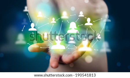 Young beautiful woman presenting modern technology social network map