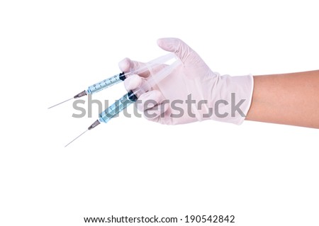 Doctor Hand Holding Syringe Size 3 and 5 ML of Blue Medicine Vaccine for Cure the Disease sickness ill Concept Idea isolated on white background.