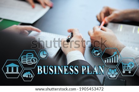 Business management concept - group of businessmen in office with digital business icons, graphic banner showing symbol of banking, commercial assistance. Inscription: BUSINESS PLAN