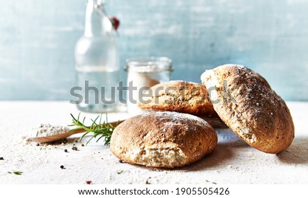 Rustic homemade spelt flour bread. Healthy food concept. Copy space Royalty-Free Stock Photo #1905505426