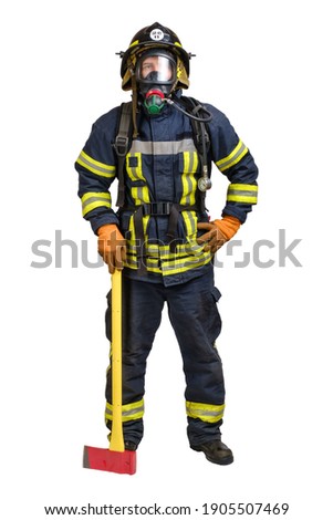 Full body young brave man in uniform, hardhat of firefighter and full facepiece respirator holds axe and looking at camera isolated on white background
