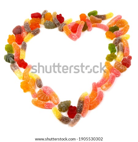 Heart of multicolored marmalade candy on a white background.