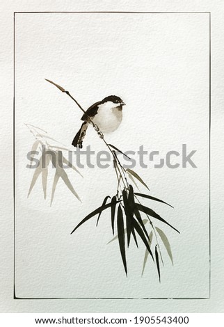 A small bird on a bamboo stalk. Traditional Japanese ink painting. Illustration.