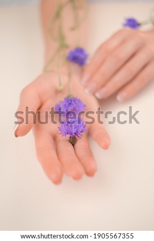 thin fingers of a beautiful young woman with white nails on a pink background with flowers. Spa, hand care concept. Banner with copy space. Women's hands with manicure and gel polish.