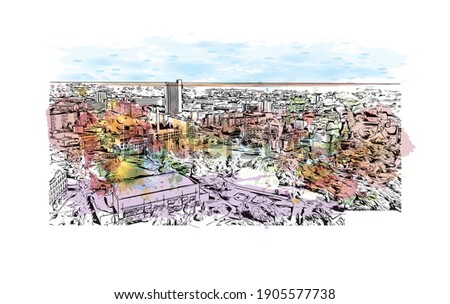 Building view with landmark of Chemnitz is the
city in Germany. Watercolor splash with hand drawn sketch illustration in vector.