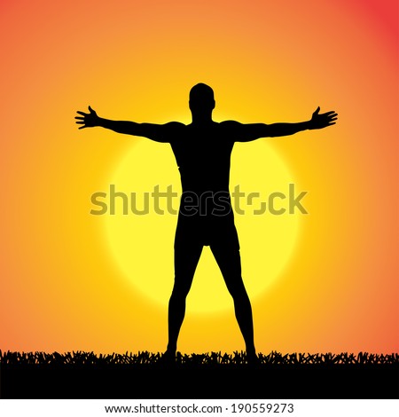 Vector silhouette of a man who practices at sunset. 