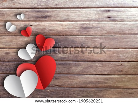 Valentine concept card , red heart and white heart on wood plate with copy space