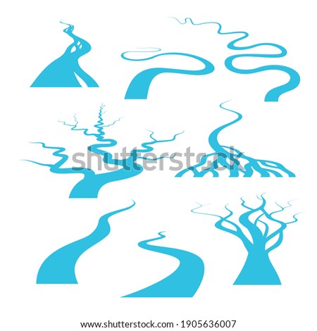 Meandrous river beds in perspective, wobbling river, bending stream or creek, various rivers vector illustration isolated on white