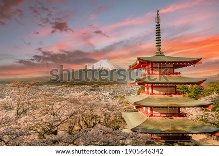 Chureito Pagoda and Mt. Fuji in the spring with cherry blossoms in Fujiyoshida, Shizuoka, Japan Royalty-Free Stock Photo #1905646342