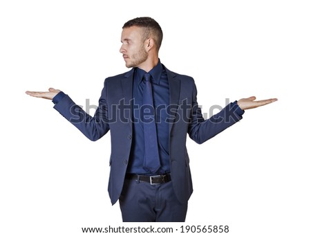 Businessman making a balance gesture over white background