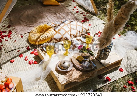 picnic for a romantic date in Valentines day in a forest and lake in Latin America