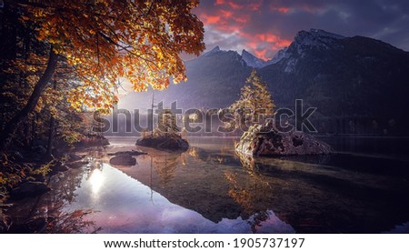 Wonderful morning scenery. Stunning mountains landscape. Scenic image of Hintersee lake during sunset. Popular travel and hiking destination. Picture of wild area. Awesome Background of nature.