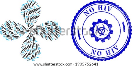 Cigarette smoke rotation flower with four petals, and blue round NO HIV scratched seal with icon inside. Element cyclone organized from oriented cigarette smoke items.