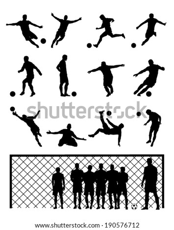 Set Of Soccer Player Football Black Vector Illustrations