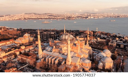 Drone Shots Of Istanbul Hagia Sophia Museum at Sunrise.     Hagia Sophia mosque